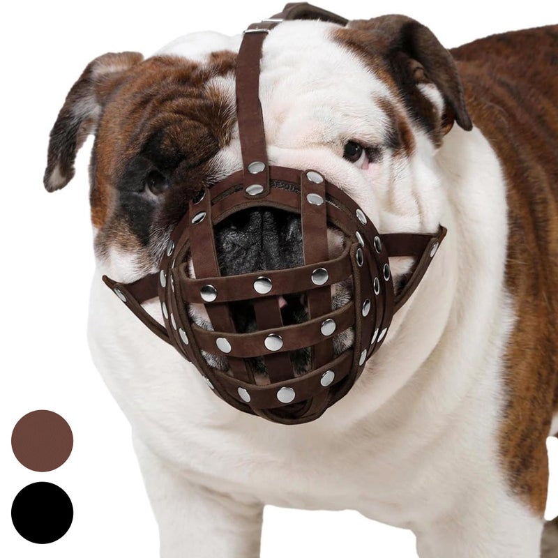 CollarDirect Leather Basket Dog Muzzle for Boxer, English American Bulldog Secure Anti-Barking Biting Chewing Adjustable Breathable (Brown) - Image 1